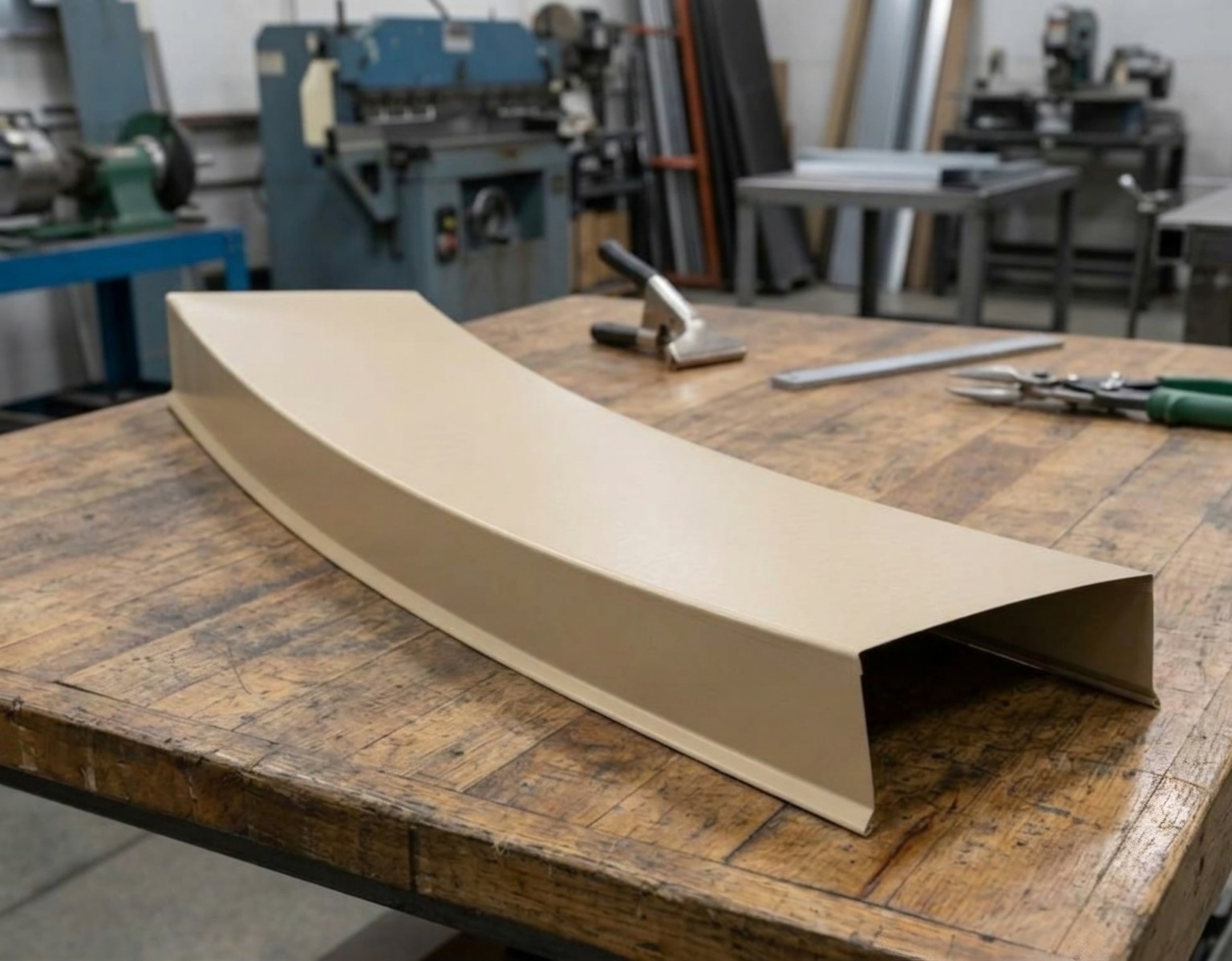 Custom Curve Cap Flashing in a tan finish on a fabrication workbench.